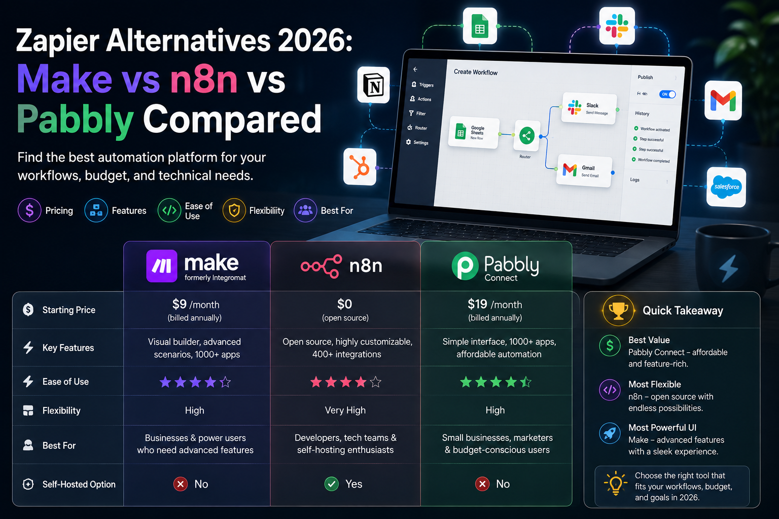 Modern SaaS automation dashboard for article about Zapier alternatives for marketers: Make, n8n, Pabbly