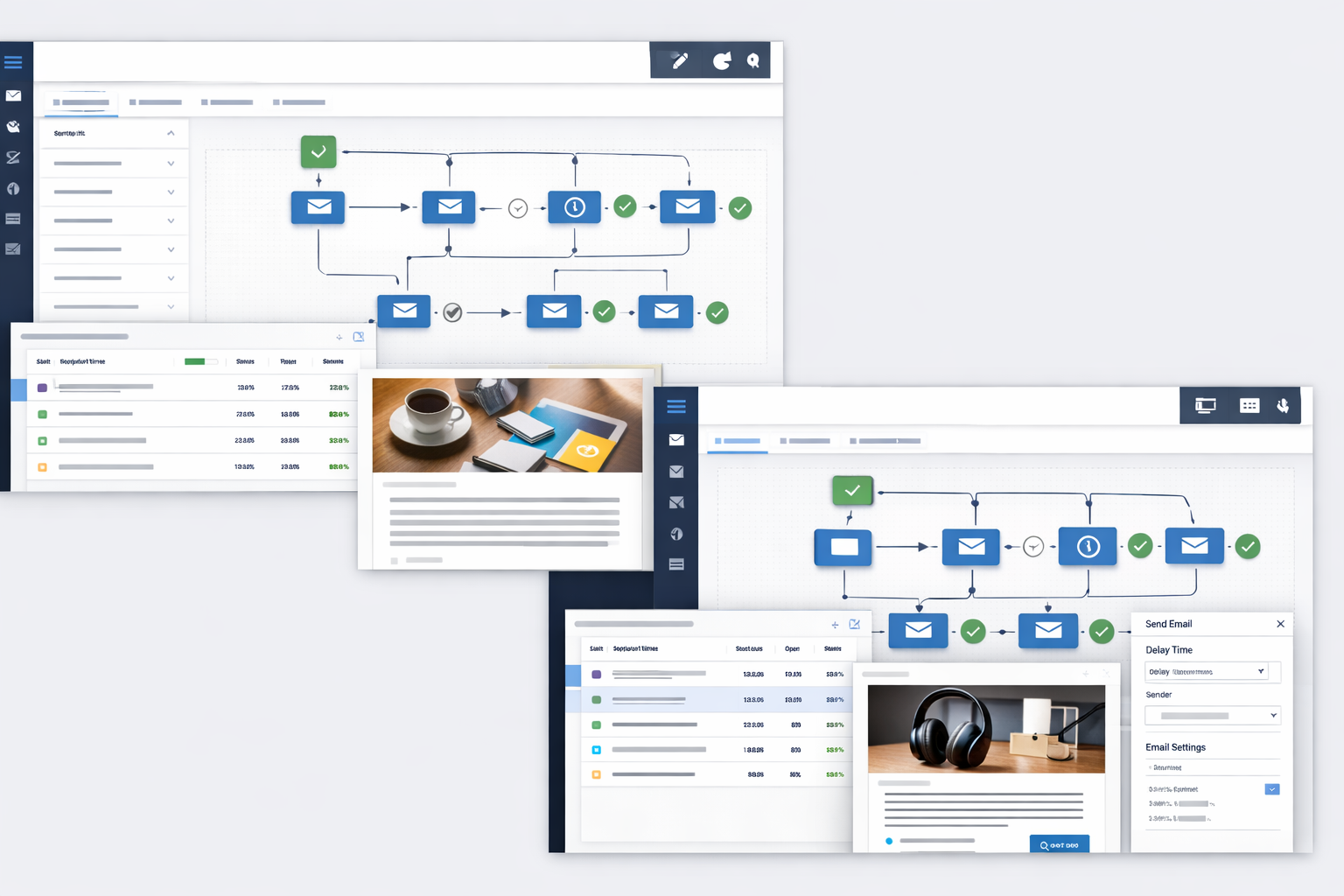 Light email automation dashboard with an automated email workflow, campaign analytics, and email template preview in a modern SaaS-style interface