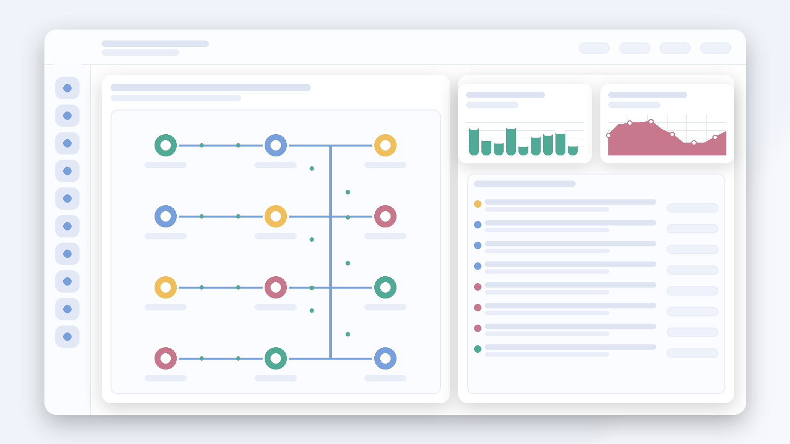 Light modern UI mockup with tracking pipeline diagram, metrics cards, and event logs for server-side tracking