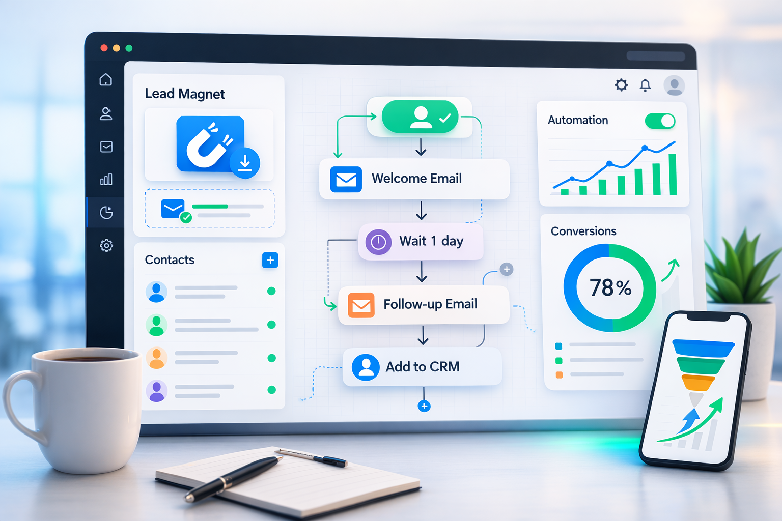 Light modern SaaS interface showing a lead magnet funnel, automation flow, and CRM analytics