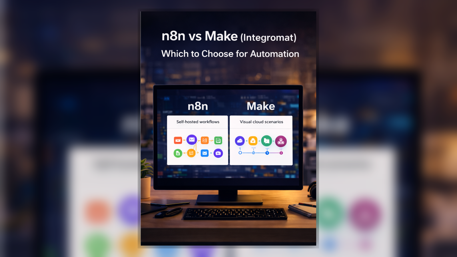 Comparison of n8n and Make automation platforms shown as a SaaS-style dashboard for SMB workflows