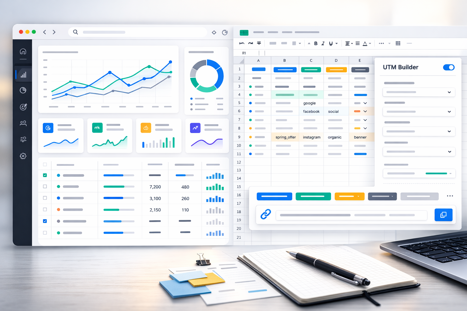 Light modern UI mockup of an analytics dashboard and a Google Sheets UTM builder