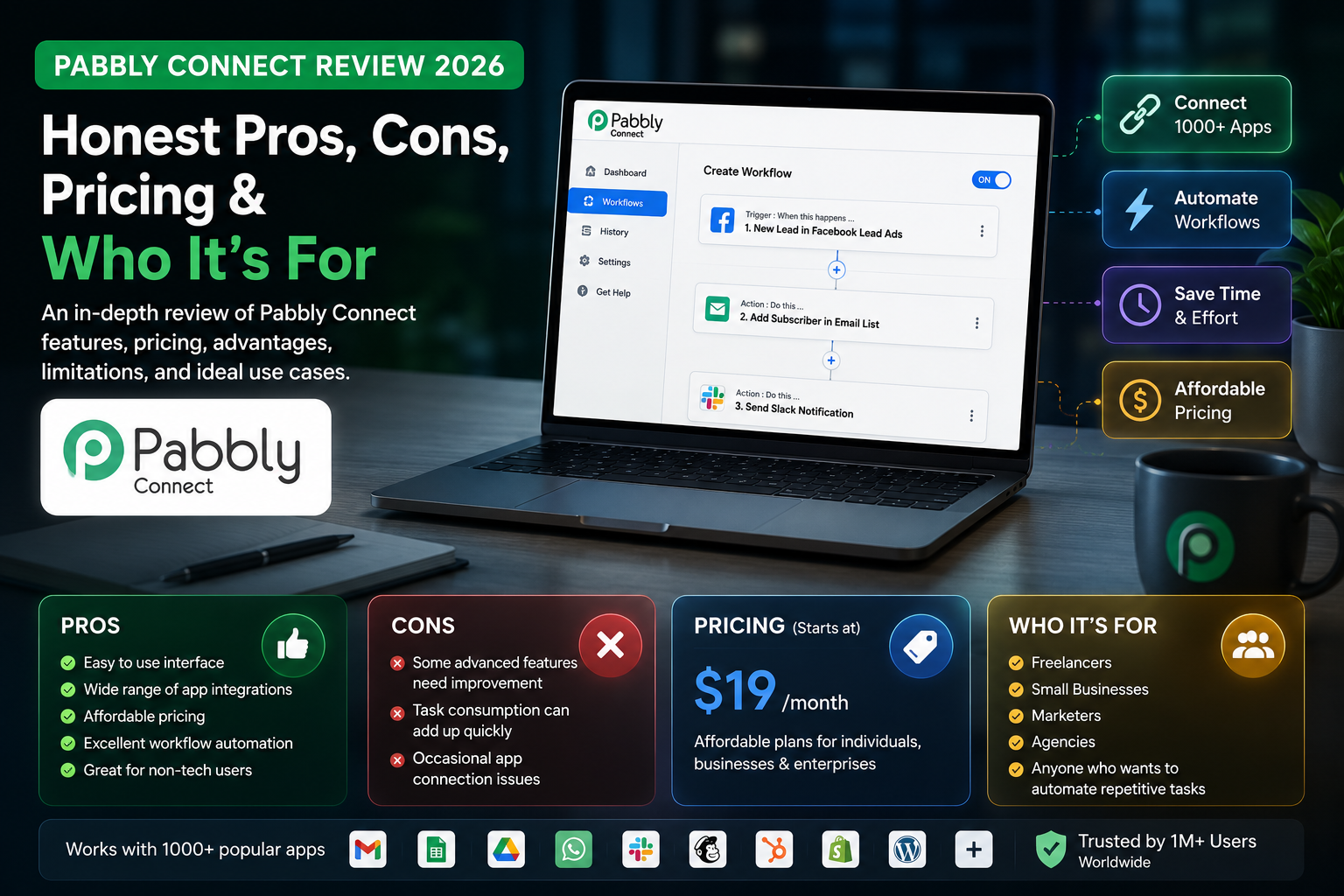 Pabbly Connect Review 2026 cover image — automation platform pros, cons, pricing comparison vs Zapier, Make, and n8n