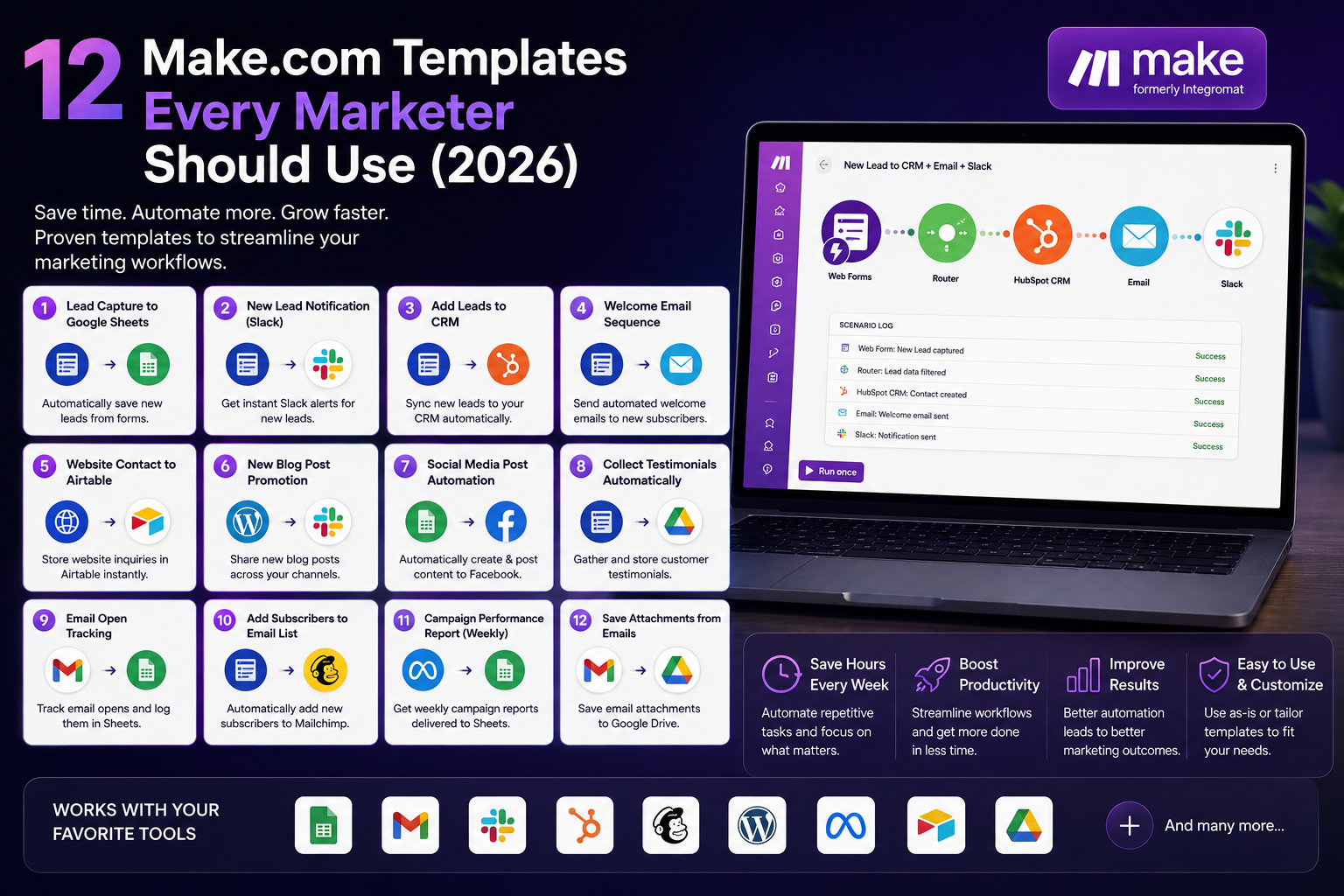 Make.com templates 2026 — 12 ready-to-use marketing workflows on a dark purple background with network nodes