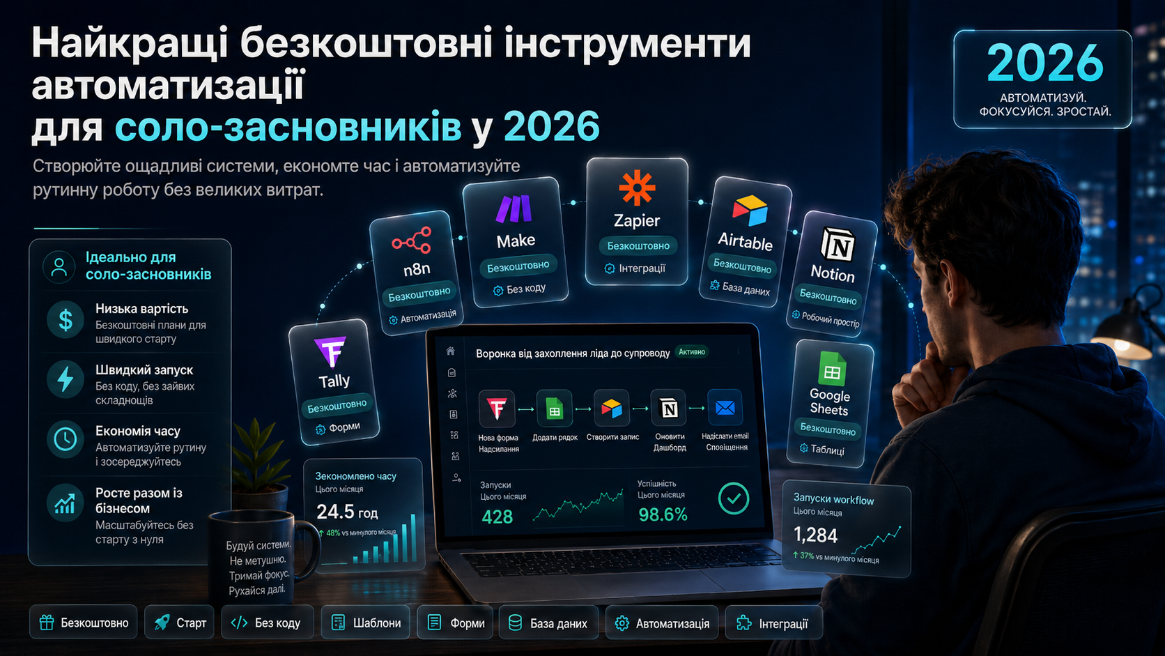 Безкоштовні інструменти автоматизації 2026 для соло засновників — Make, n8n, Pipedream, Zapier, HubSpot порівняно