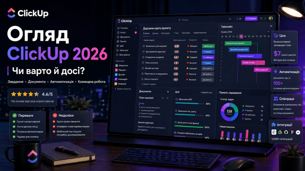 Огляд ClickUp 2026 — тарифи Free, Unlimited, Business і прихована вартість надбудови ClickUp Brain AI
