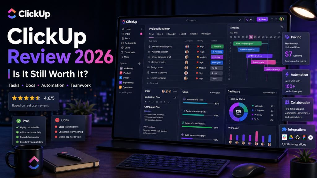 ClickUp Review 2026 dashboard with pricing tiers Free, Unlimited, Business and the Brain AI add-on cost