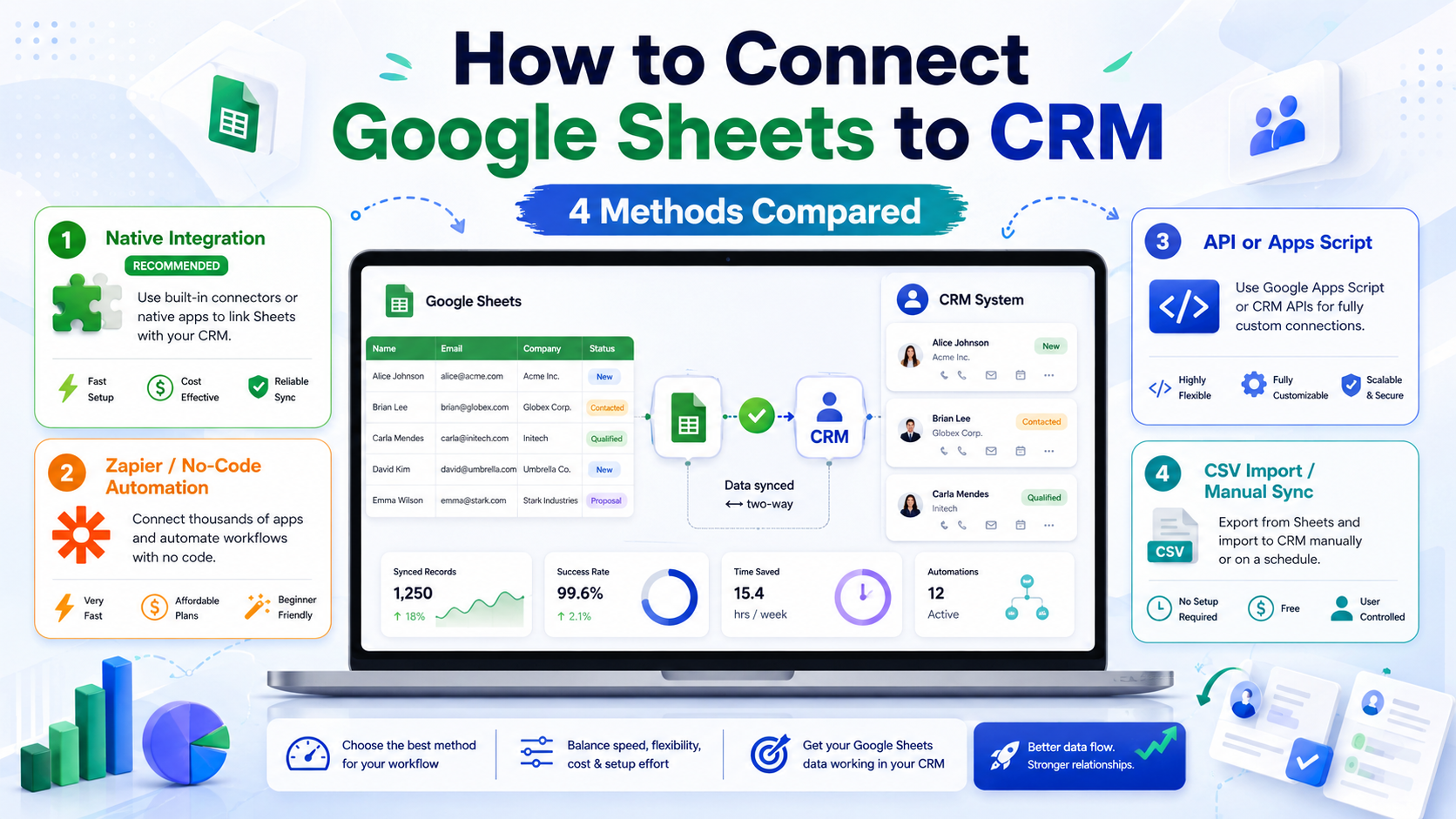 Інтеграція Google Sheets з CRM 2026 — порівняння чотирьох методів зі стрілками потоку даних