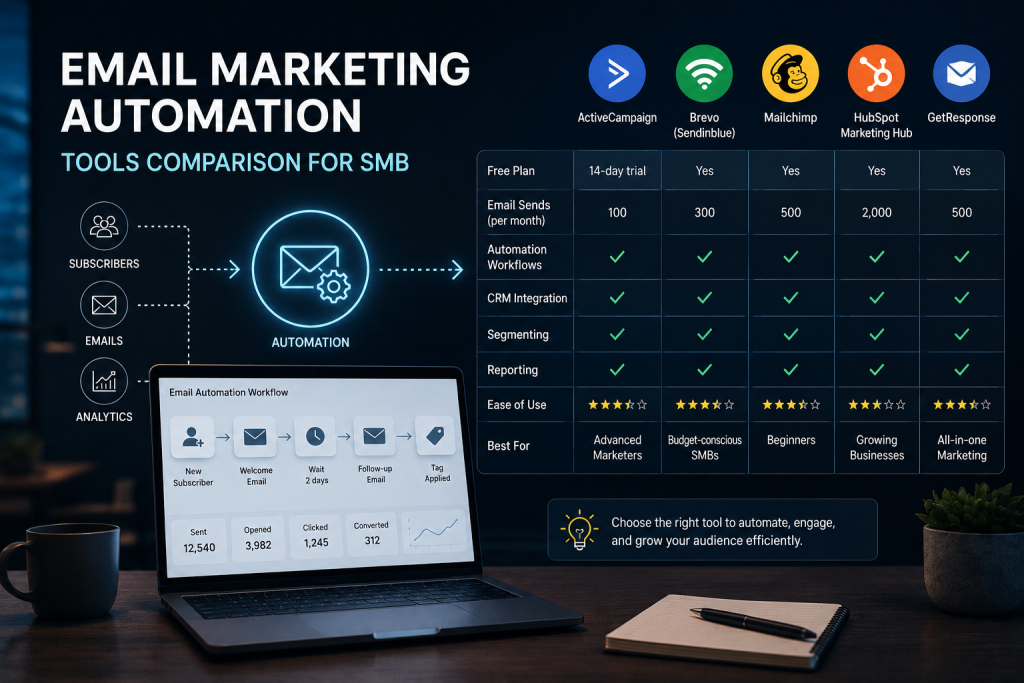 Email marketing automation tools 2026 — six SMB platforms compared with automation builder workflow and pricing chips