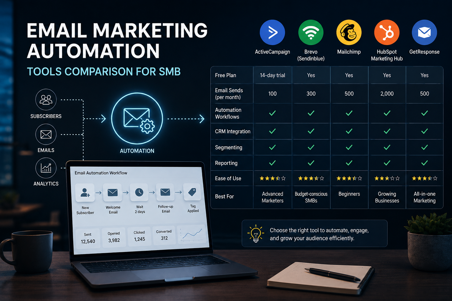 Email marketing automation tools 2026 — six SMB platforms compared with automation builder workflow and pricing chips