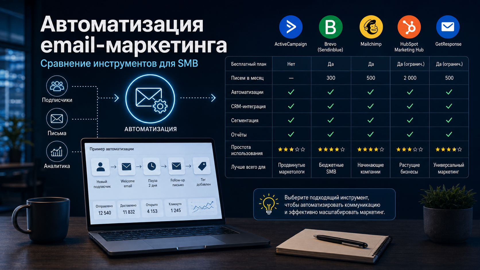 Інструменти автоматизації email-маркетингу 2026 — шість SMB-платформ з automation builder і ціновими чіпами