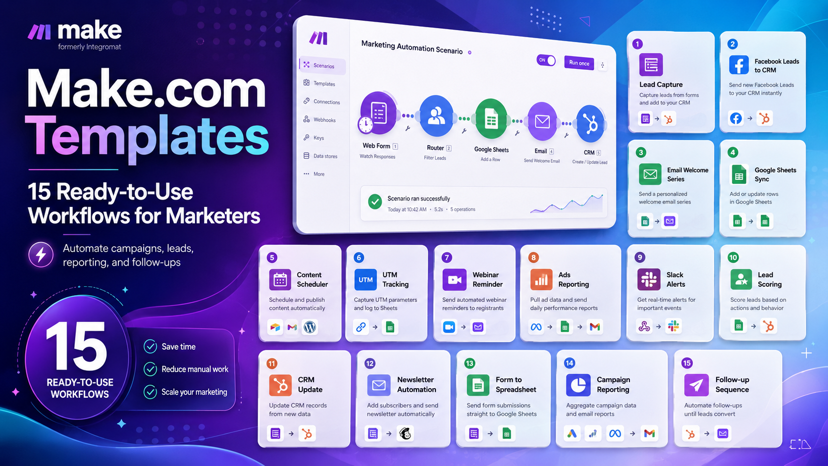 Make.com templates 2026 — 15 ready-to-use marketing workflows on a dark purple background with network nodes