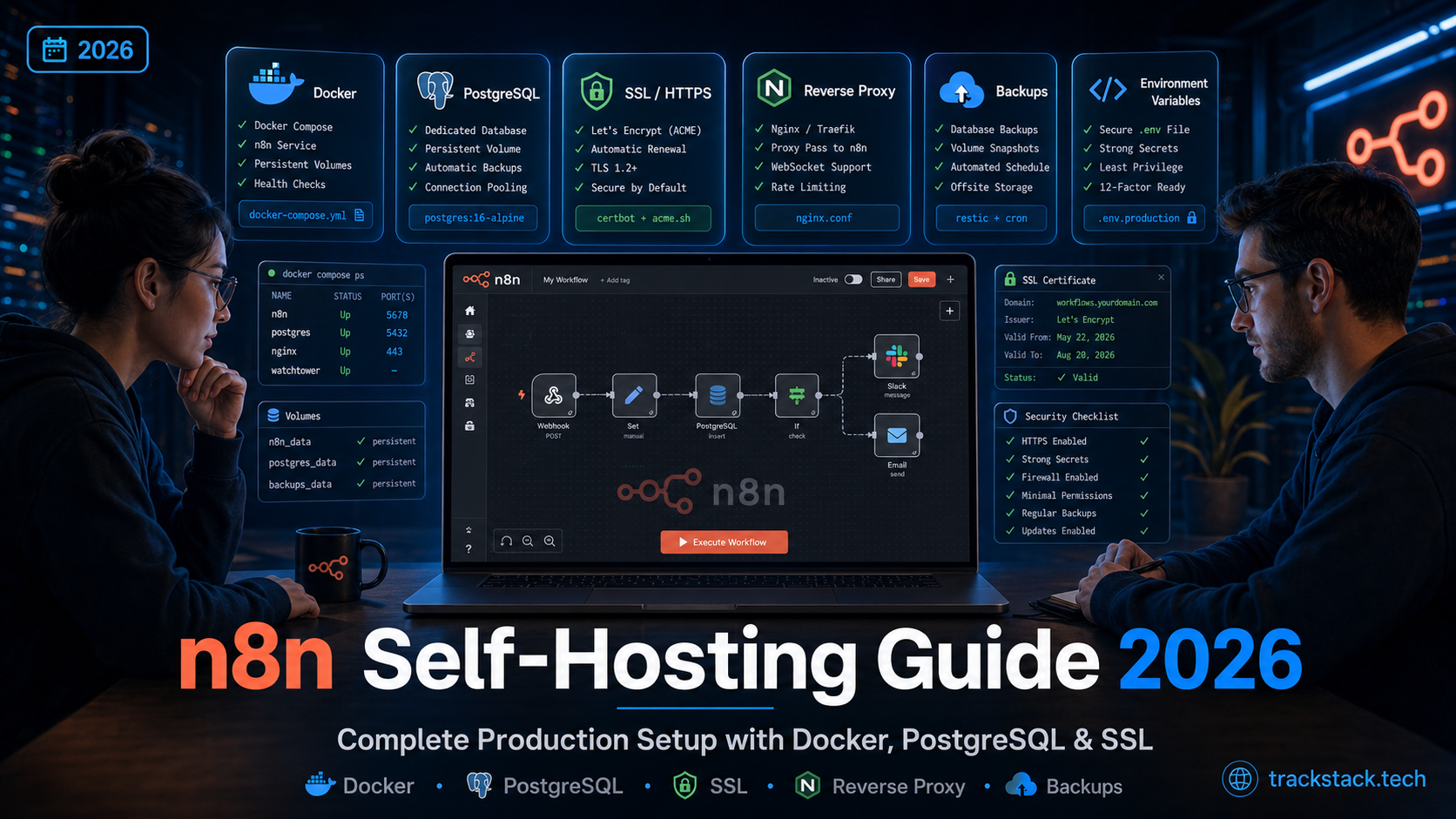n8n self-hosting guide 2026 cover image — production setup with Docker, PostgreSQL, Nginx and SSL on a VPS from $4 per month