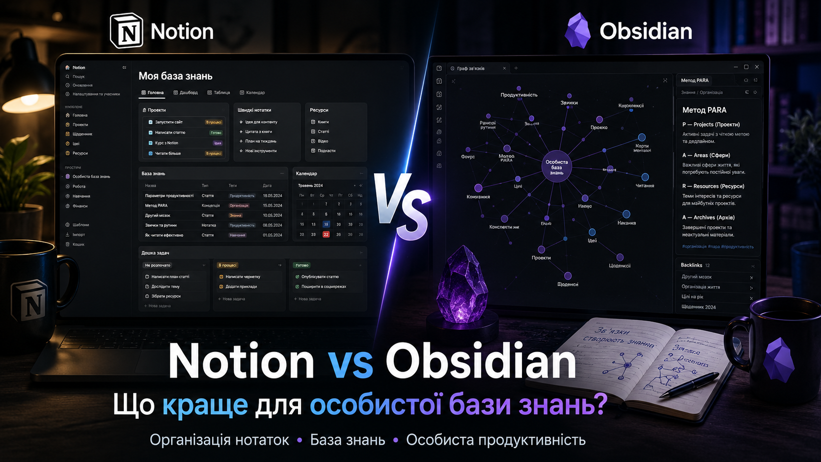 Notion vs Obsidian 2026 — порівняння для особистих знань з іконками database view і графа звʼязків