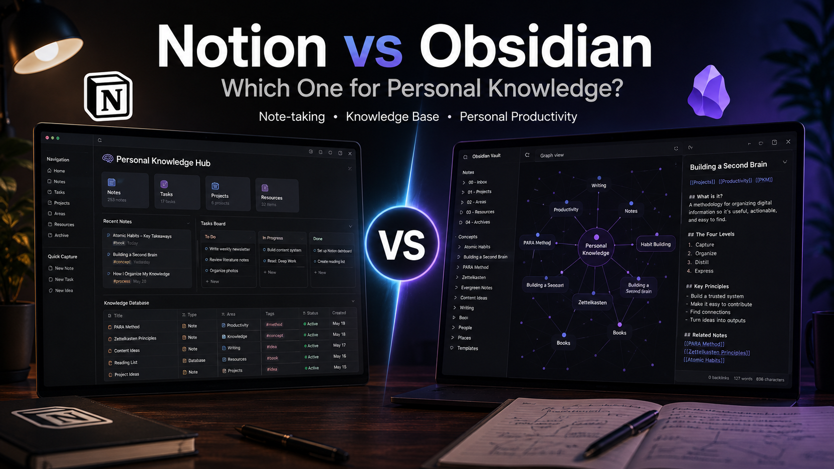 Notion vs Obsidian 2026 side-by-side comparison for personal knowledge management with database and graph view icons
