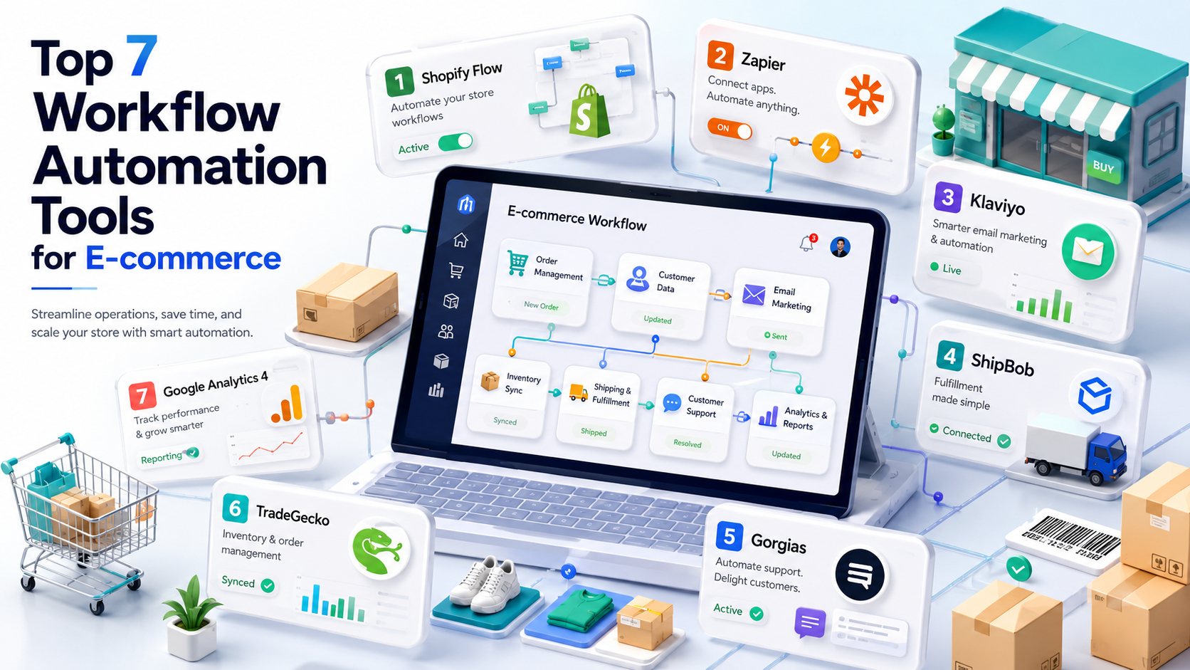 Top 7 workflow automation tools for e-commerce 2026 cover — Klaviyo, Omnisend, ActiveCampaign, Make, Zapier, Shopify Flow, n8n compared