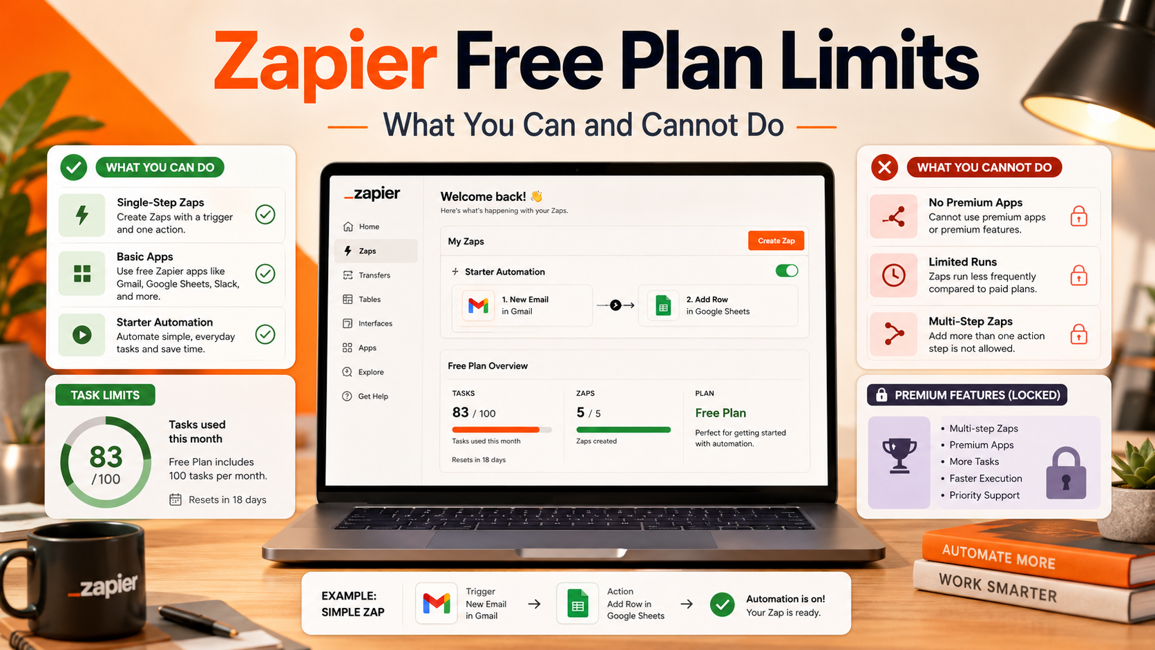 Zapier Free Plan 2026 limits dashboard — 100 tasks per month, 2-step Zaps, 15-minute polling interval