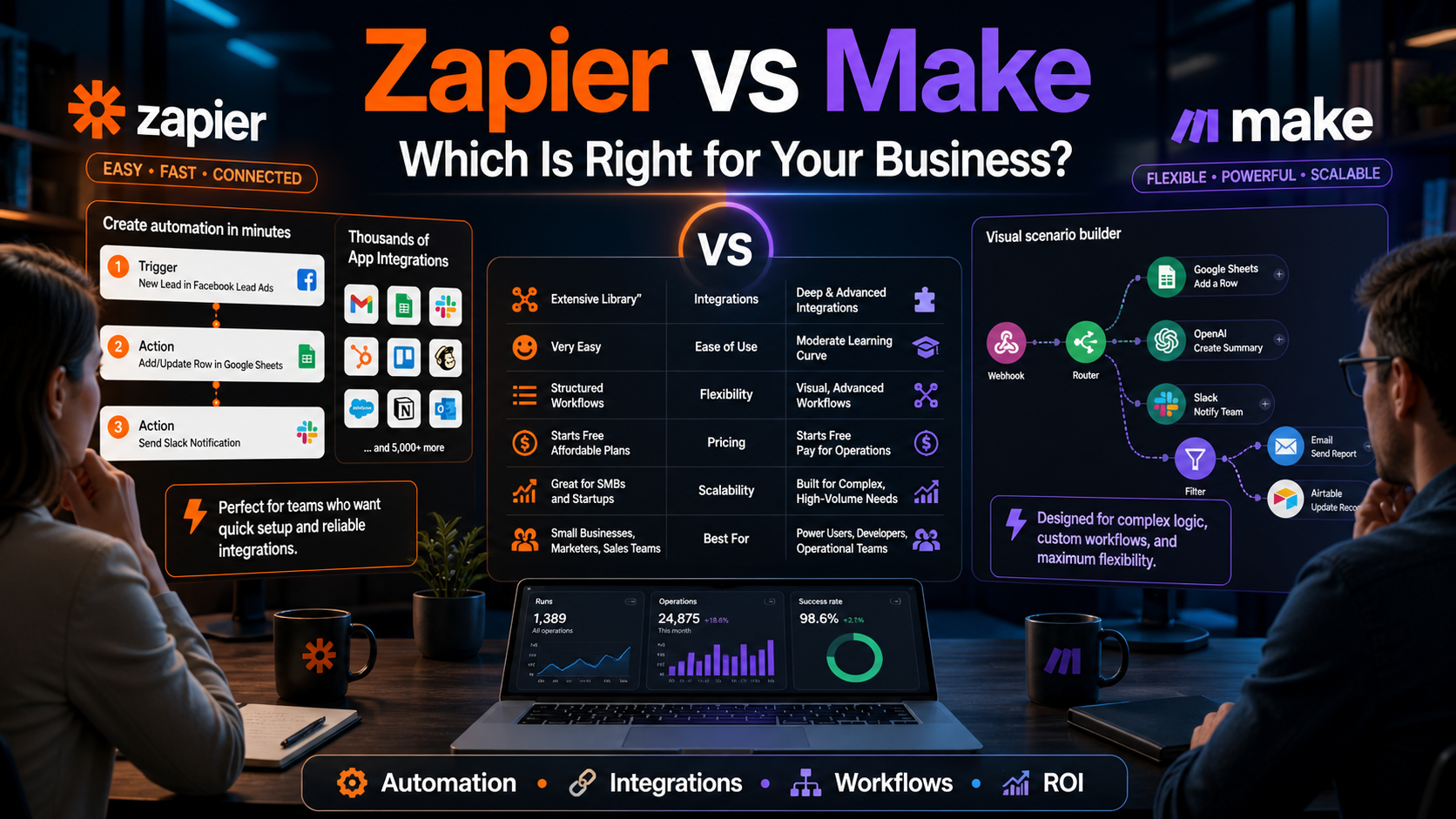 Zapier vs Make 2026 cover image — honest comparison of pricing, features, and which automation platform fits your business