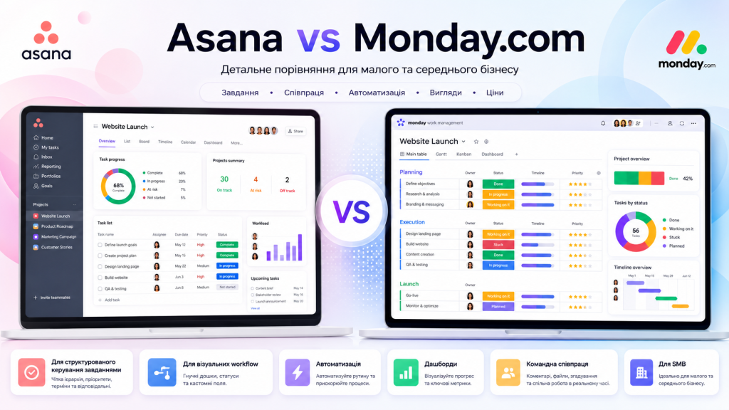 Asana vs Monday.com 2026 порівняння для SMB — тарифи, seat-мінімуми та вартість AI-кредитів пліч-о-пліч
