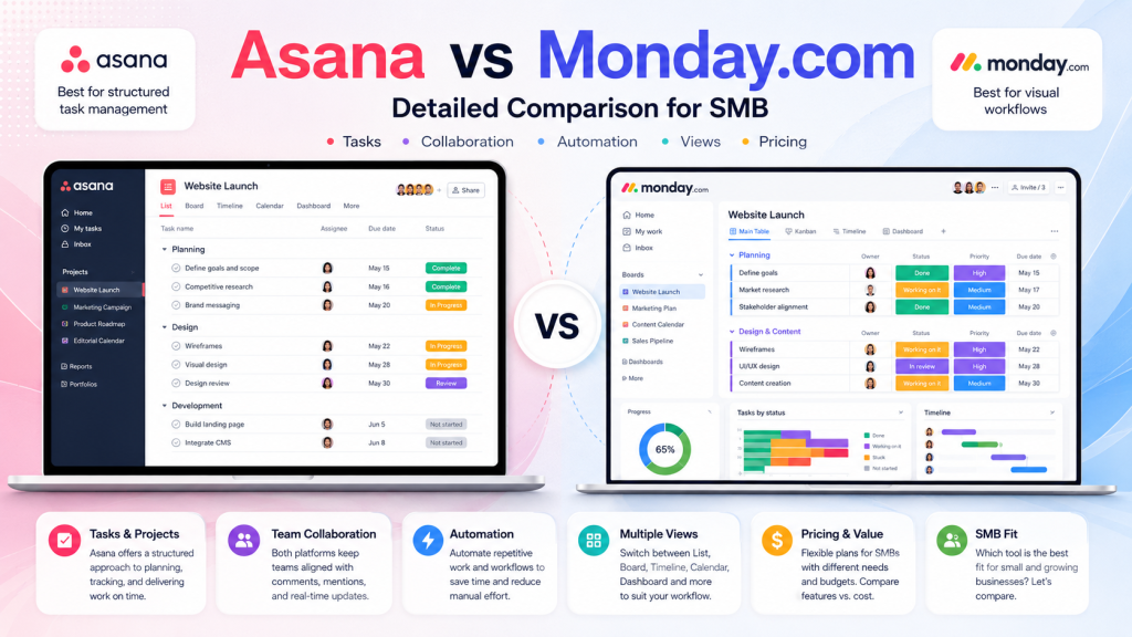 Asana vs Monday.com 2026 SMB comparison with pricing tiers, seat minimums, and AI credit costs side by side