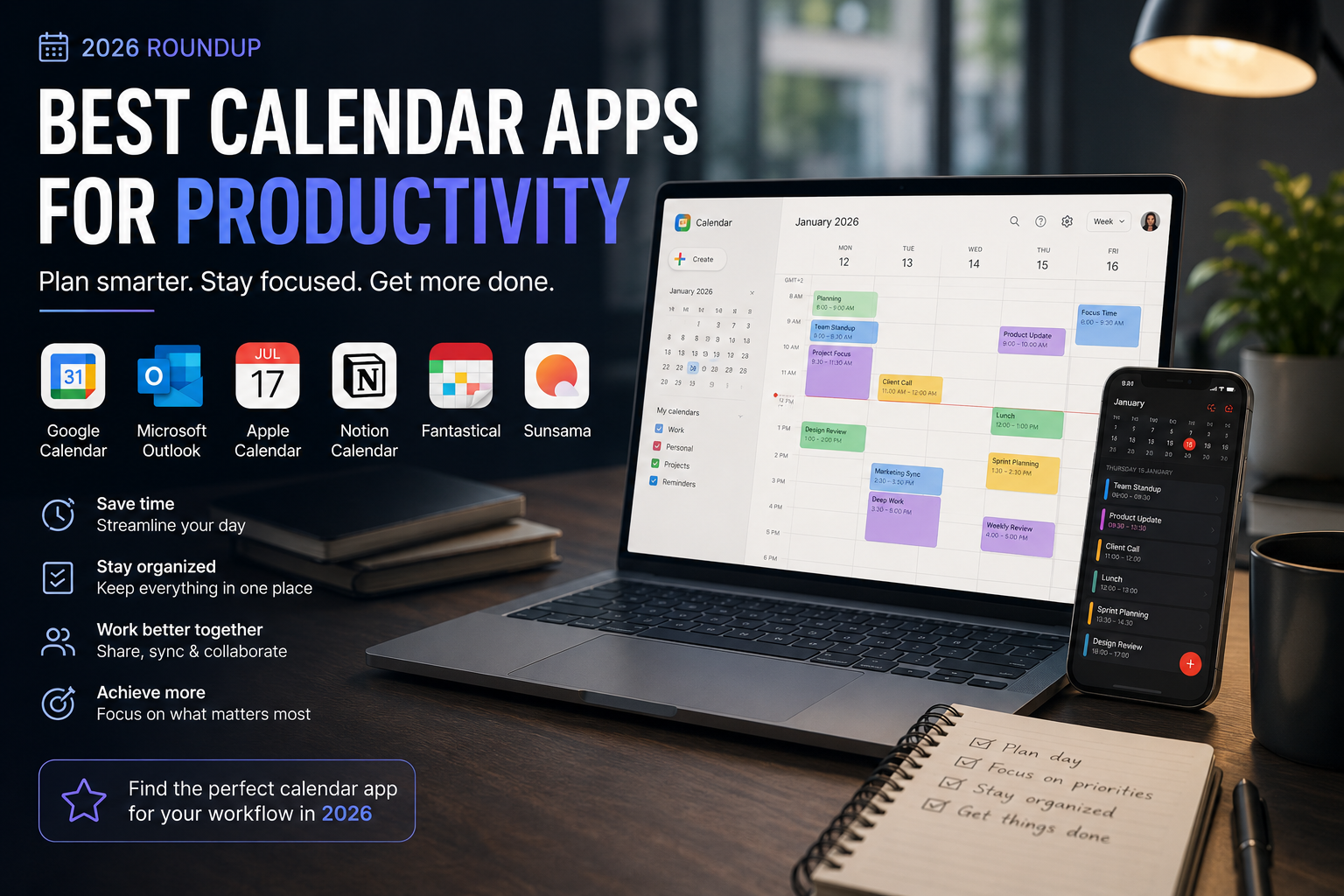 Best calendar apps for productivity 2026: Google Calendar, Notion Calendar, Fantastical, Morgen, Motion, Reclaim