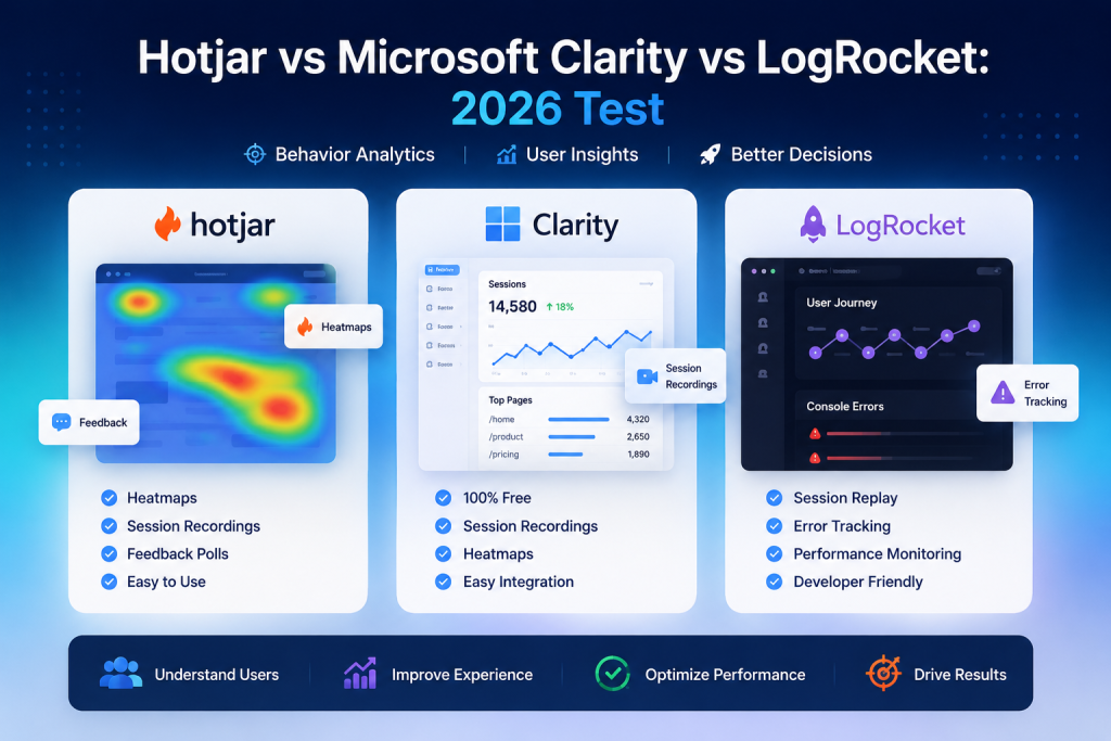 Hotjar vs Microsoft Clarity vs LogRocket 2026 comparison — pricing, free tier, retention, use case