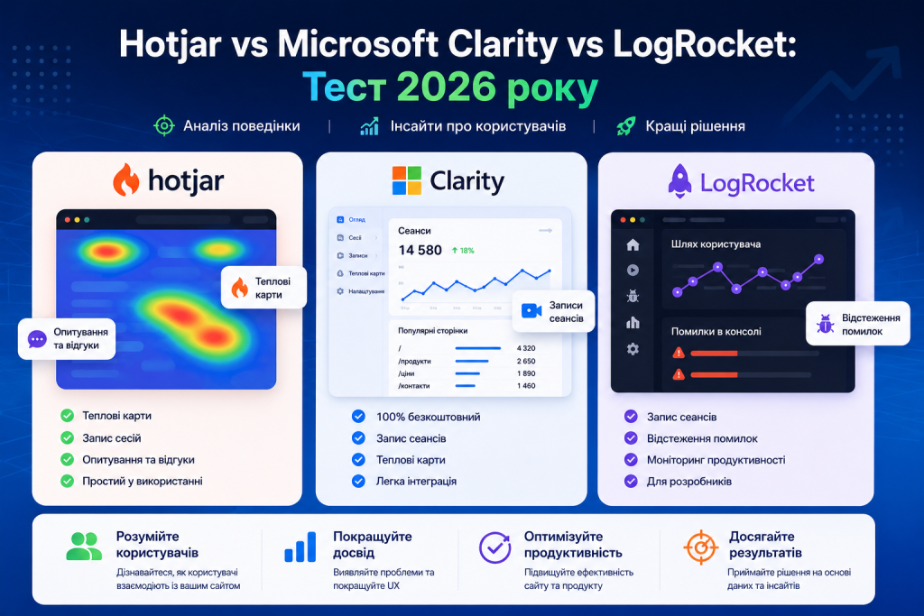 Порівняння Hotjar vs Microsoft Clarity vs LogRocket 2026 — ціни, безкоштовний тариф і сценарії
