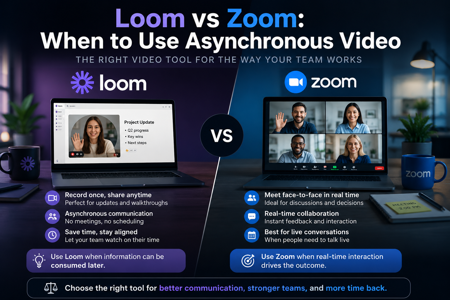 Loom vs Zoom comparison for asynchronous video versus live meetings in 2026 with pricing and use cases