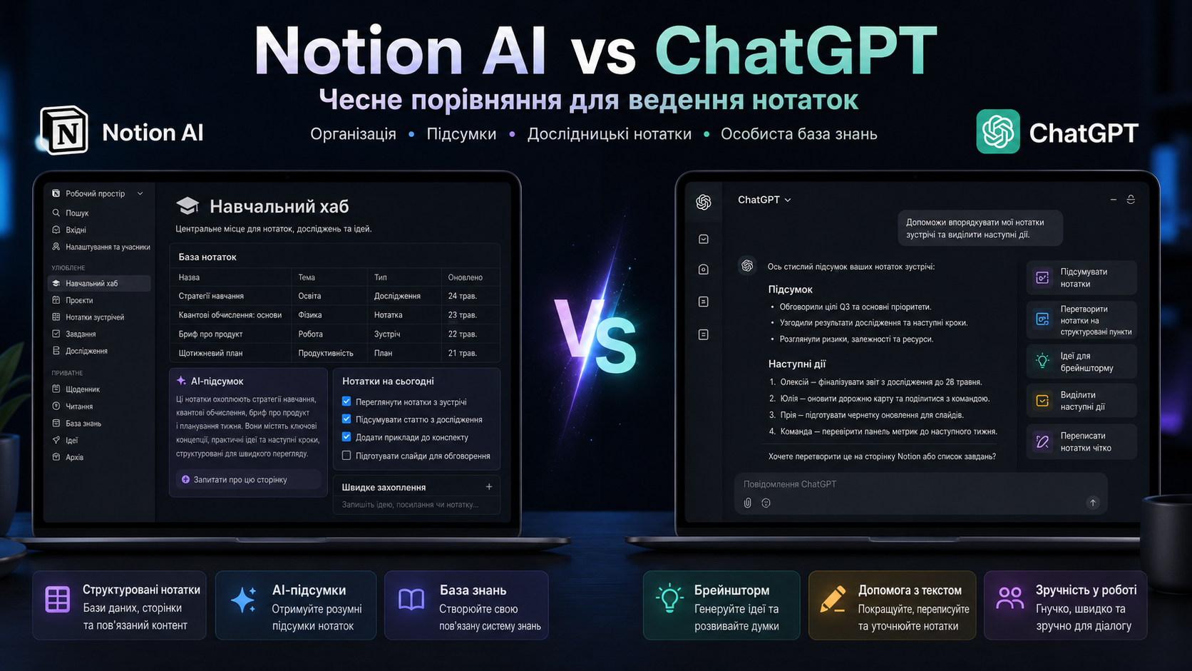 Notion AI vs ChatGPT 2026 порівняння для нотаток — тарифи, контекстна обізнаність, відмінності фіч