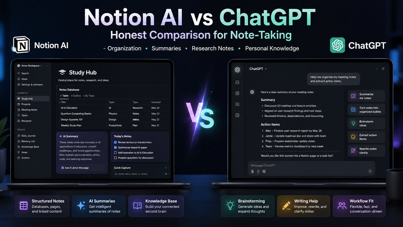 Notion AI vs ChatGPT 2026 comparison for note-taking with pricing tiers, context awareness, and feature differences