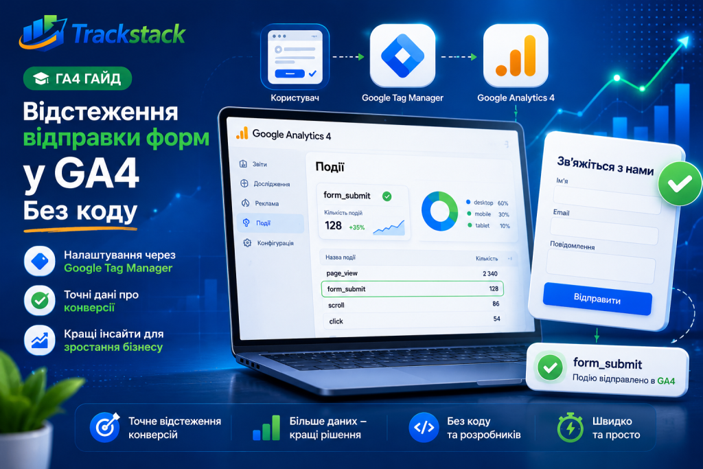 Відстеження відправлень форм у GA4 без коду 2026 — Enhanced Measurement, сторінка подяки та GTM