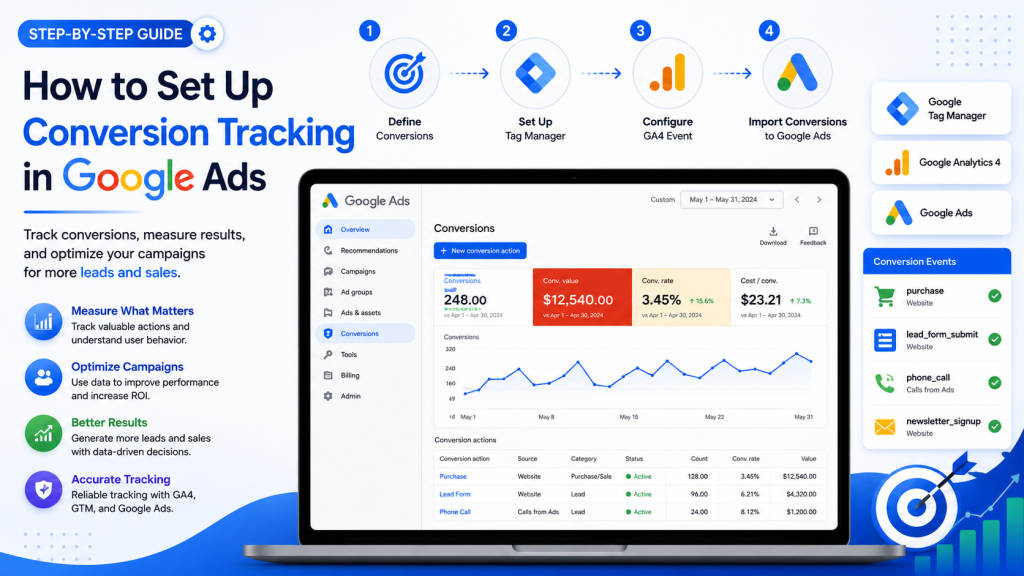 Google Ads conversion tracking setup steps and Enhanced Conversions diagram